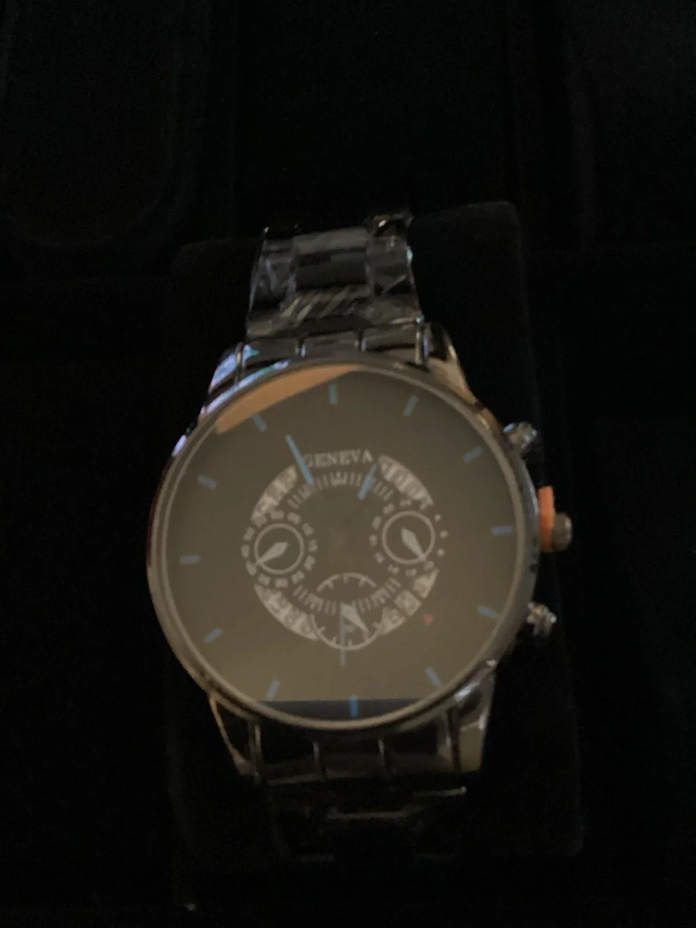 Geneva Black Dial Watch with Blue Accents and Silver Bracelet